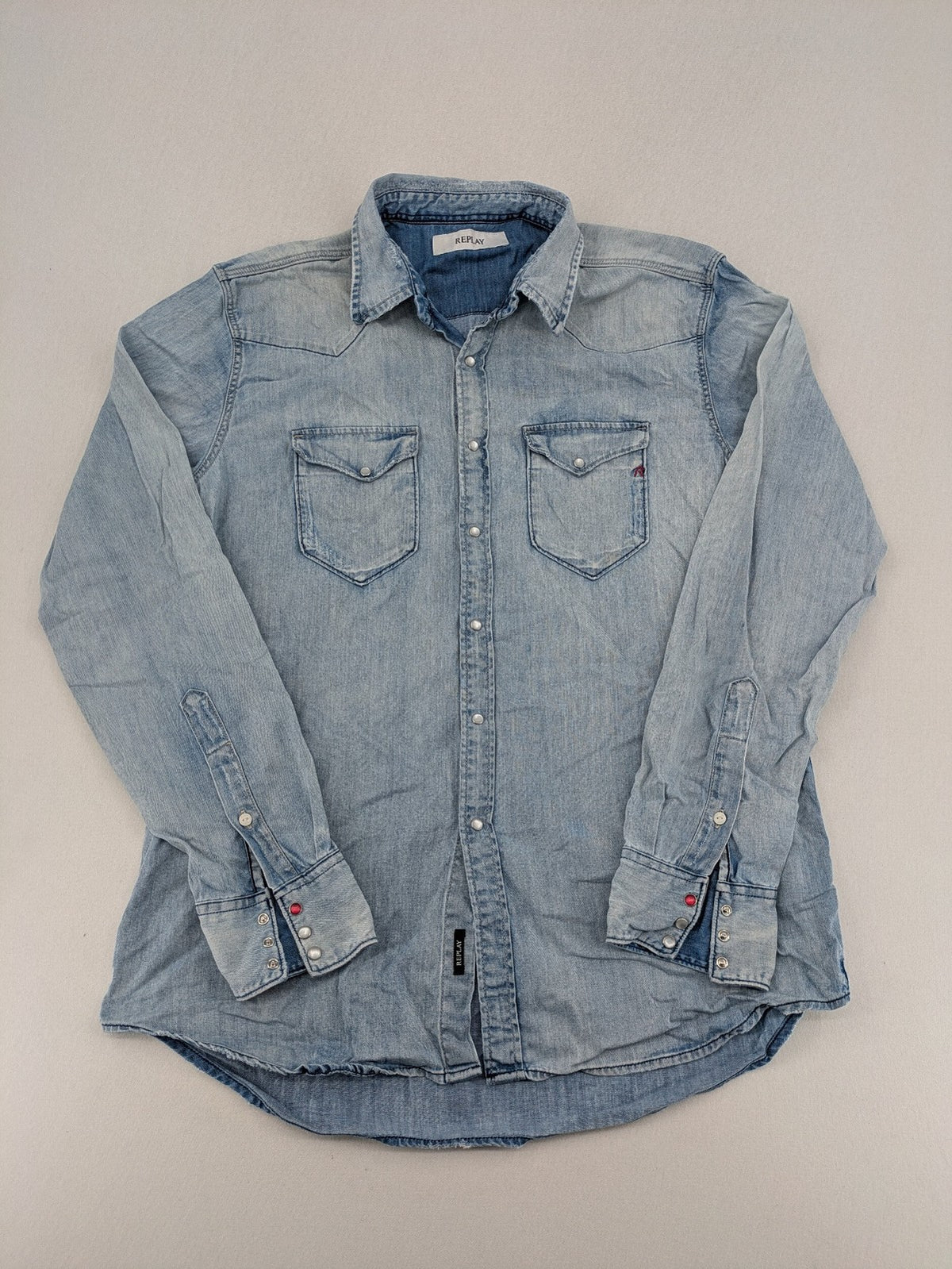 Replay denim western shirt light blue with pearl snap buttons and iconic yoke design.
