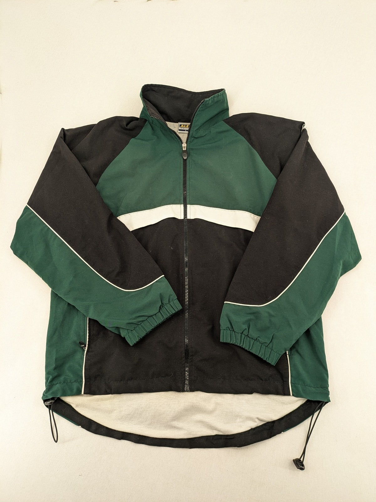 Alex Athletics multi jacket vintage colorblock design with zip, stand collar, and elastic cuffs.