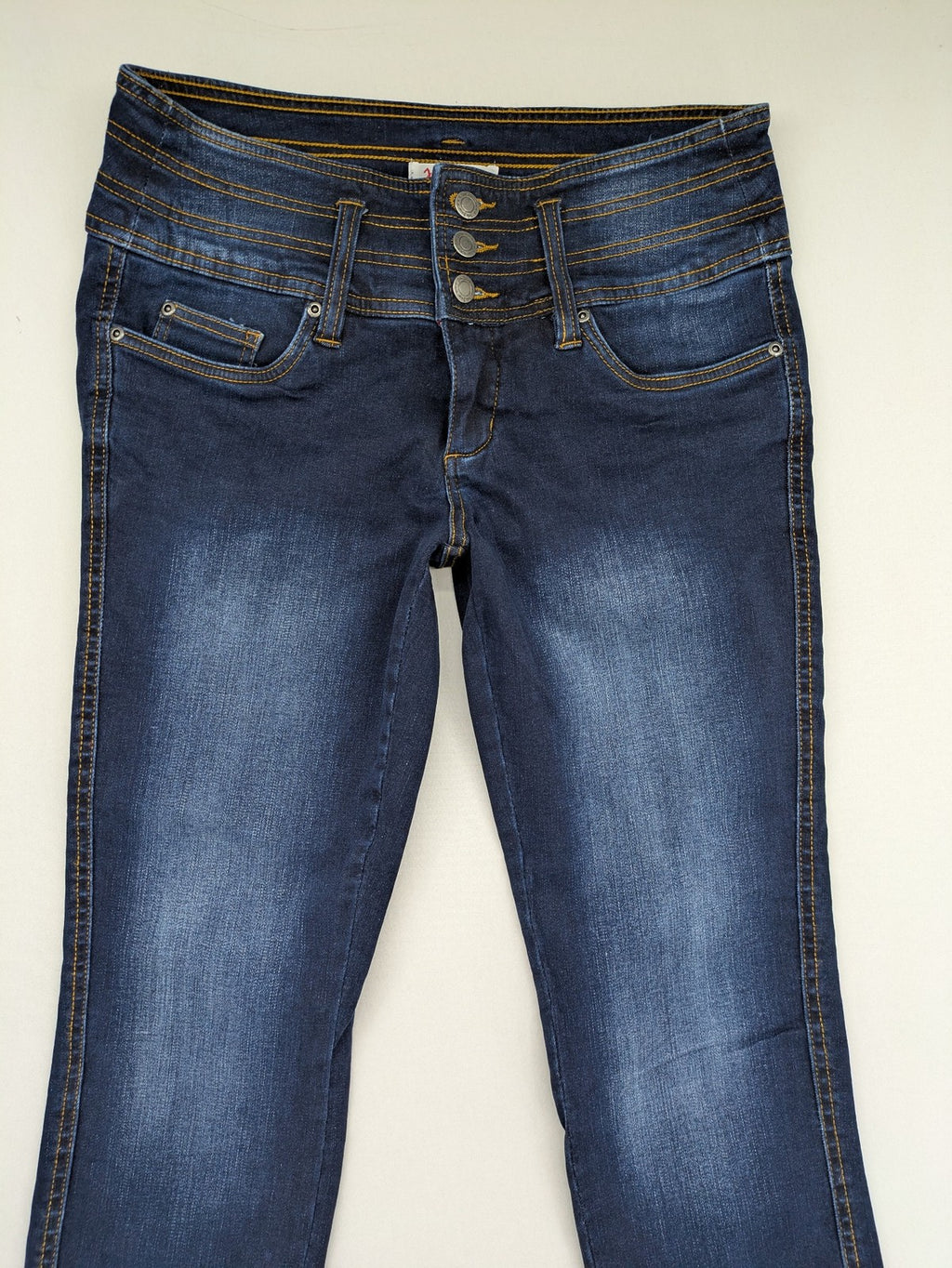 john baner blue high rise skinny jeans three-button fly subtle fading stretch denim