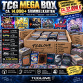 TCGLOVE brown mega box with assorted trading cards from Yu-Gi-Oh!, Pokémon, and Magic.