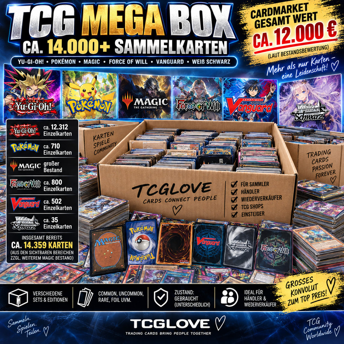 TCGLOVE brown mega box with assorted trading cards from Yu-Gi-Oh!, Pokémon, and Magic.