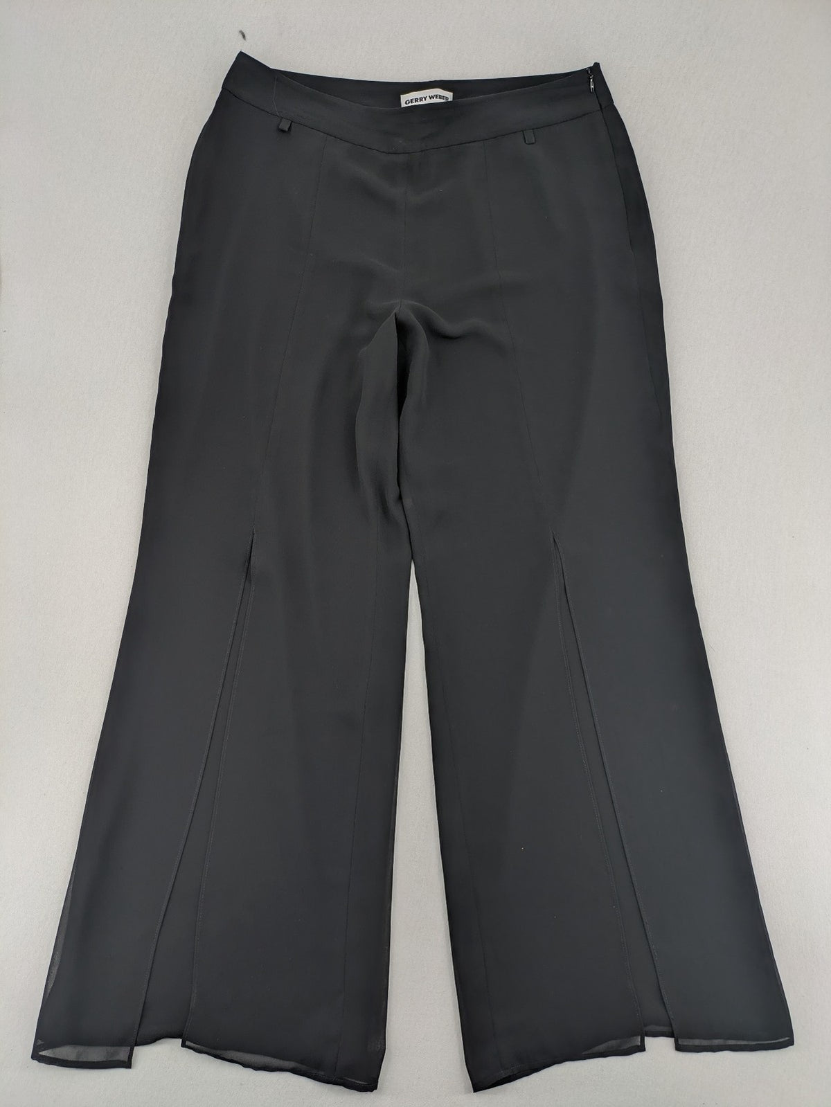 Gerry Weber grey palazzo pants with chiffon overlay and front slits.