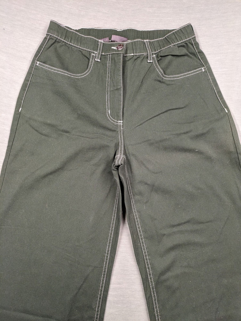 BPC Bonprix green pants wide leg high waist with white contrast stitching
