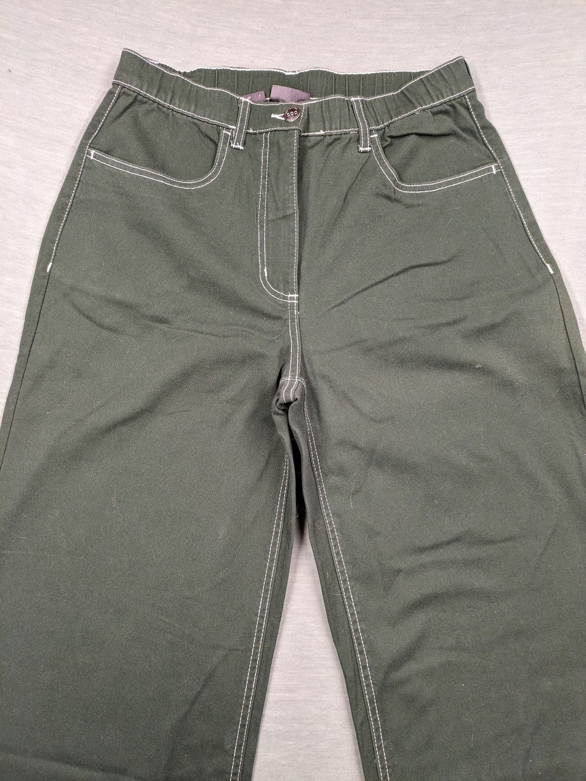 BPC Bonprix green pants wide leg high waist with white contrast stitching