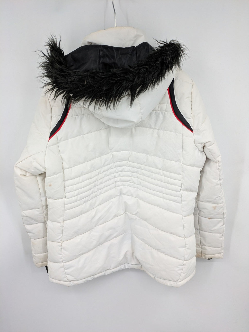 Janina white puffer jacket with quilted design and faux fur hood accents.