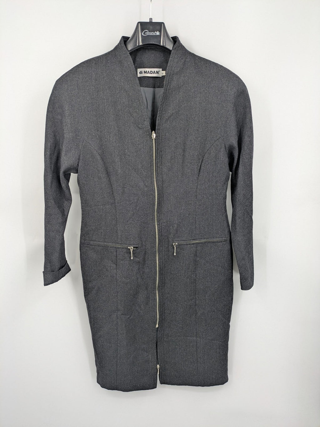 Schurwolle grey vintage coat dress with standing collar and two-way zipper.