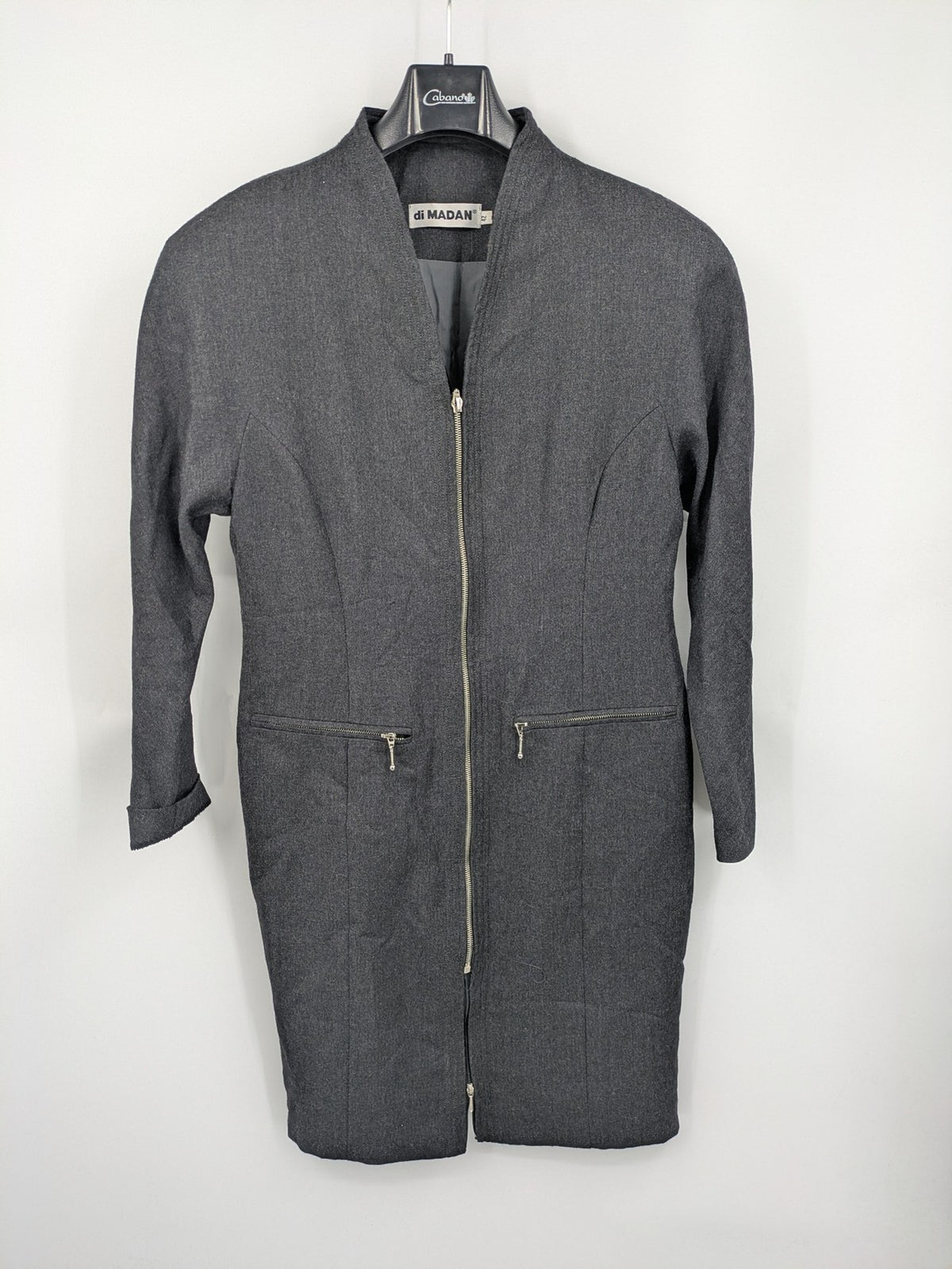 Schurwolle grey vintage coat dress with standing collar and two-way zipper.