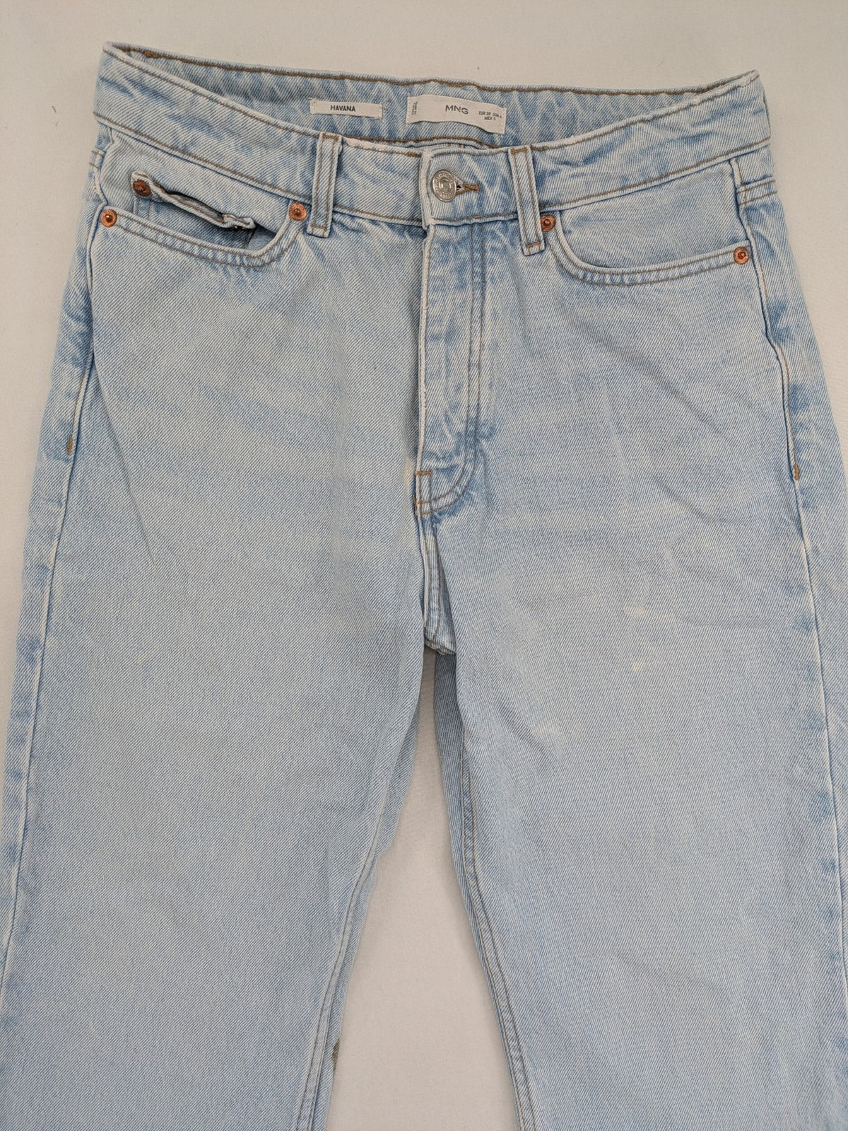 MNG blue high waist mom jeans with raw hem and five-pocket style.