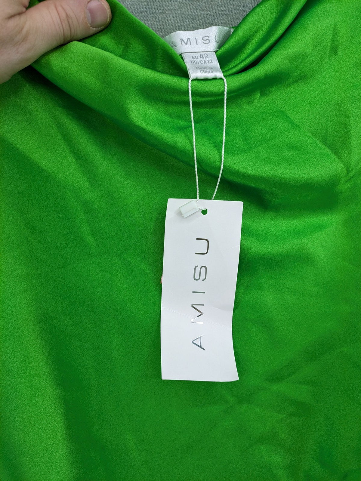 Amisu green satin slip dress with waterfall neckline and adjustable side ruching.