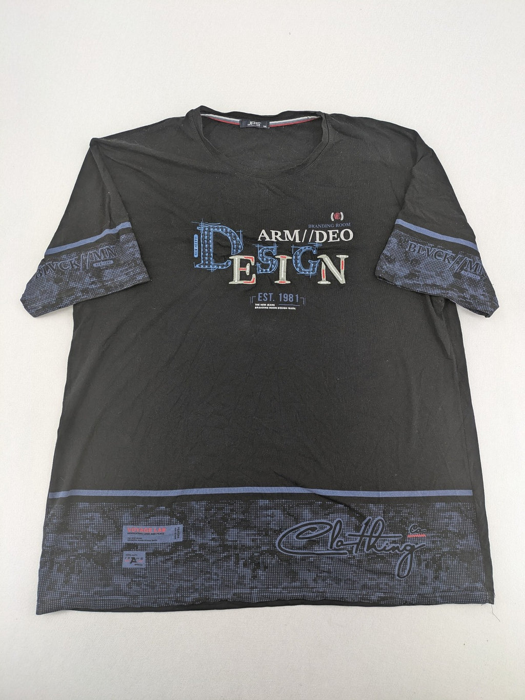 Pedro multi graphic t-shirt size 5XL with embroidered design and contrasting sleeve patterns.