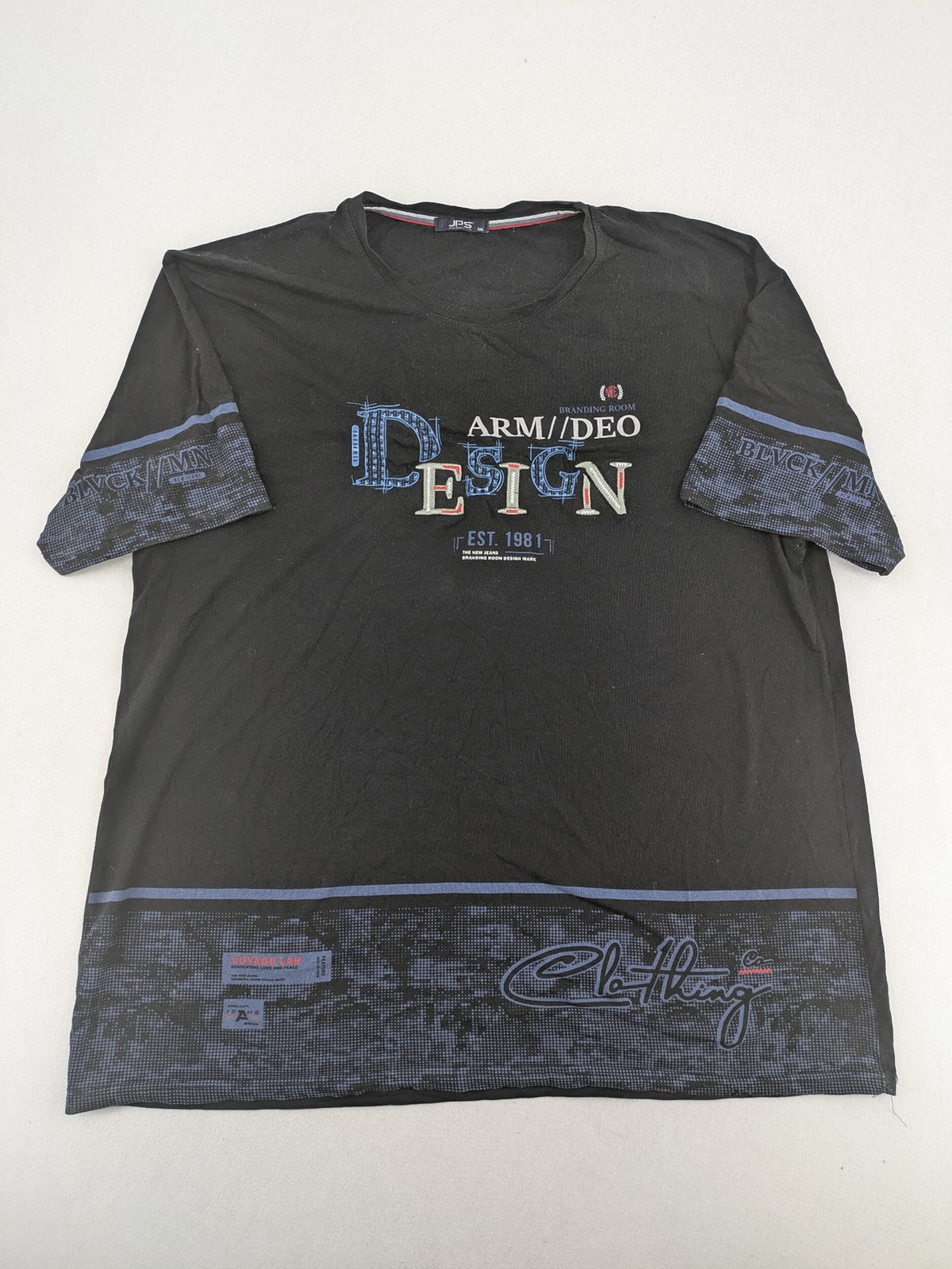 Pedro multi graphic t-shirt size 5XL with embroidered design and contrasting sleeve patterns.