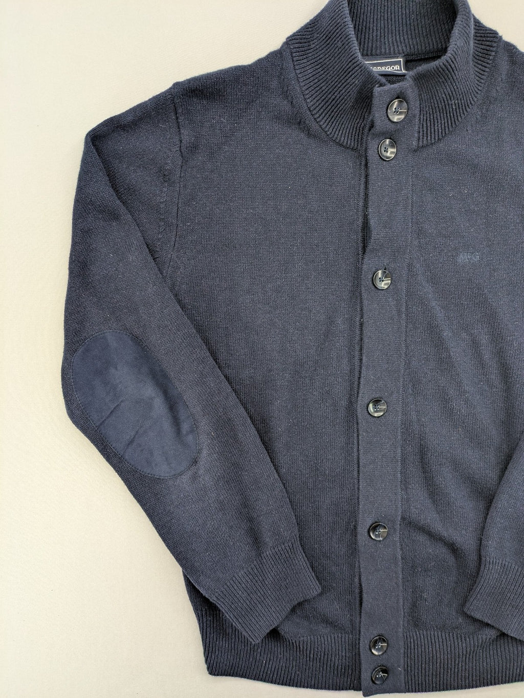 McGregor blue cardigan with elbow patches, button front, subtle logo, cotton-wool blend.
