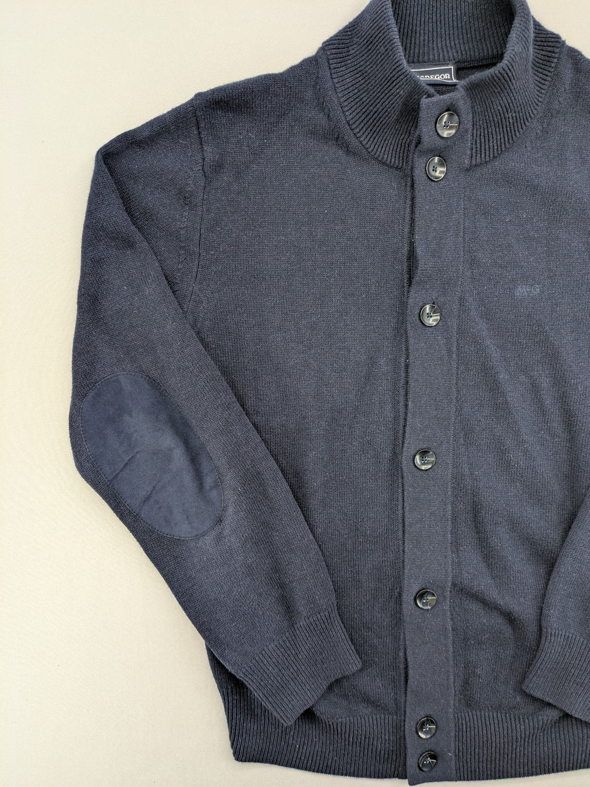 McGregor blue cardigan with elbow patches, button front, subtle logo, cotton-wool blend.