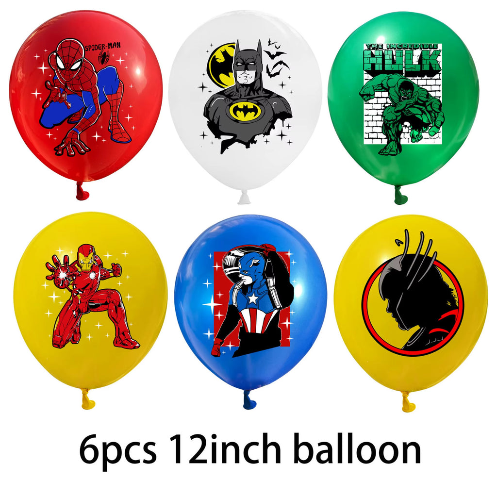 Avengers multi birthday decoration set featuring Spiderman, Hulk, and Batman designs.
