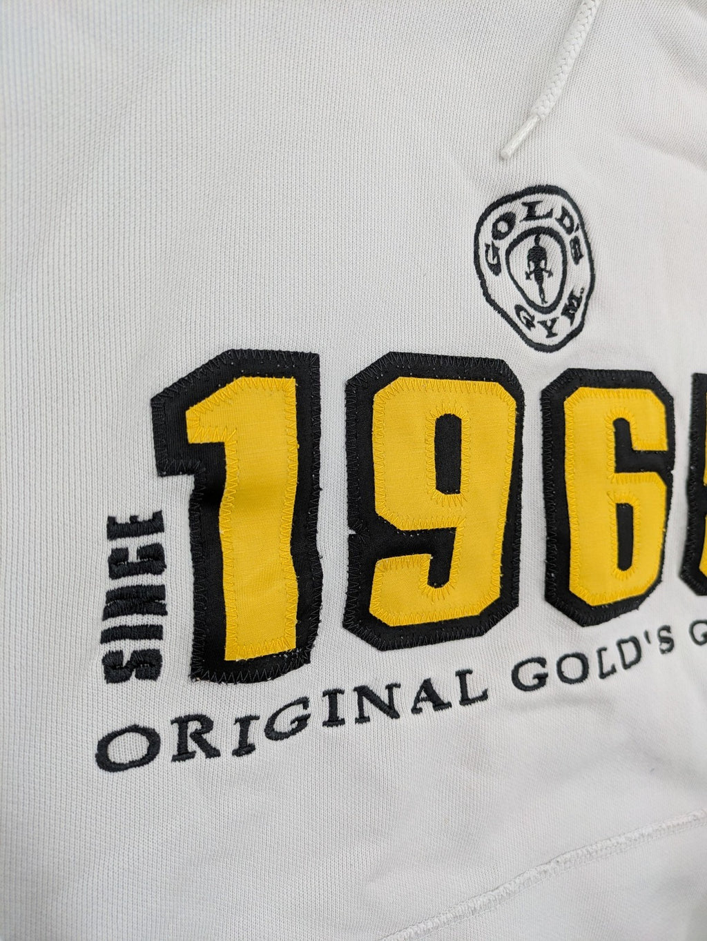 Gold's Gym grey hoodie with embroidered "Since 1965" logo and kangaroo pocket.