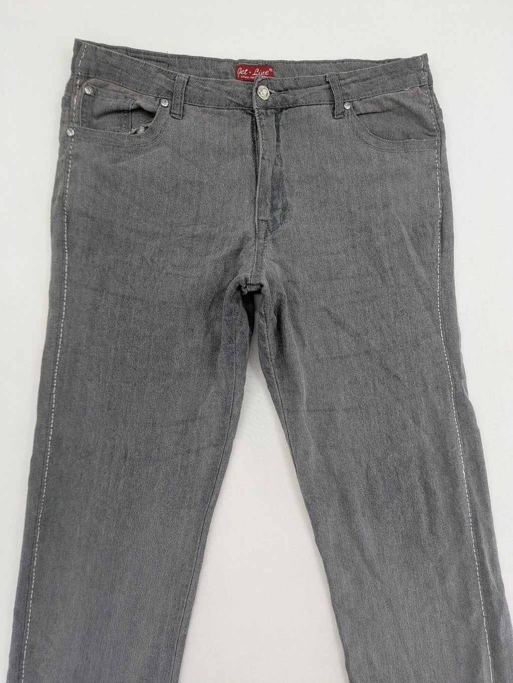 Jet Line grey straight jeans with embellished back pockets and frayed hem details.