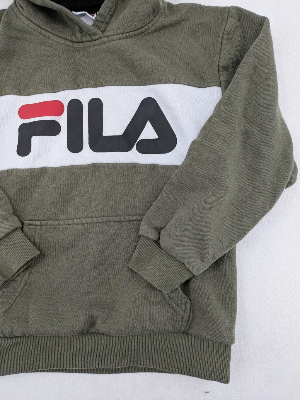 Fila turtle neck jumper khaki with large white logo and kangaroo pocket.