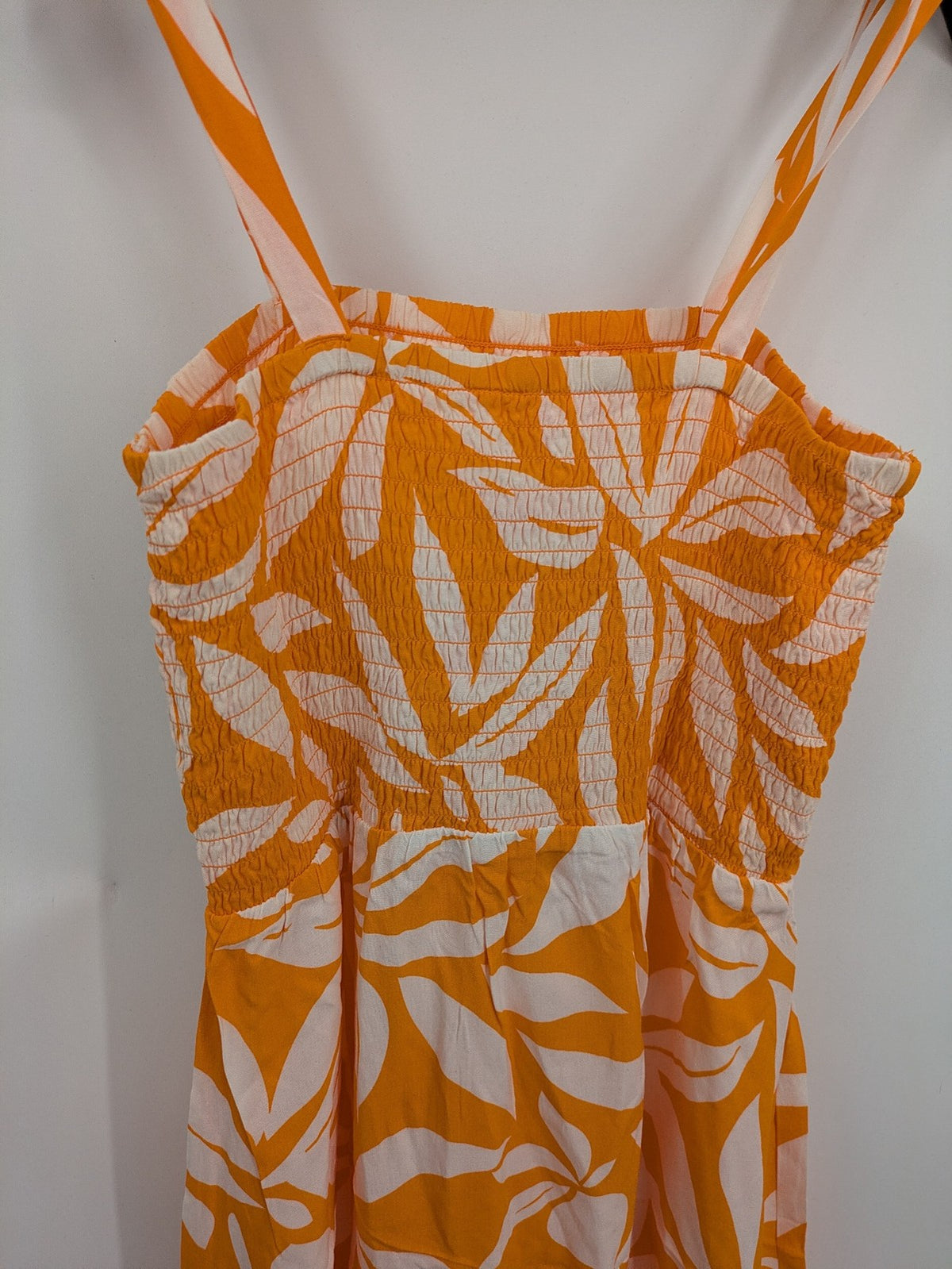 up2 fashion orange summer dress floral print smocked bodice 100% viscose