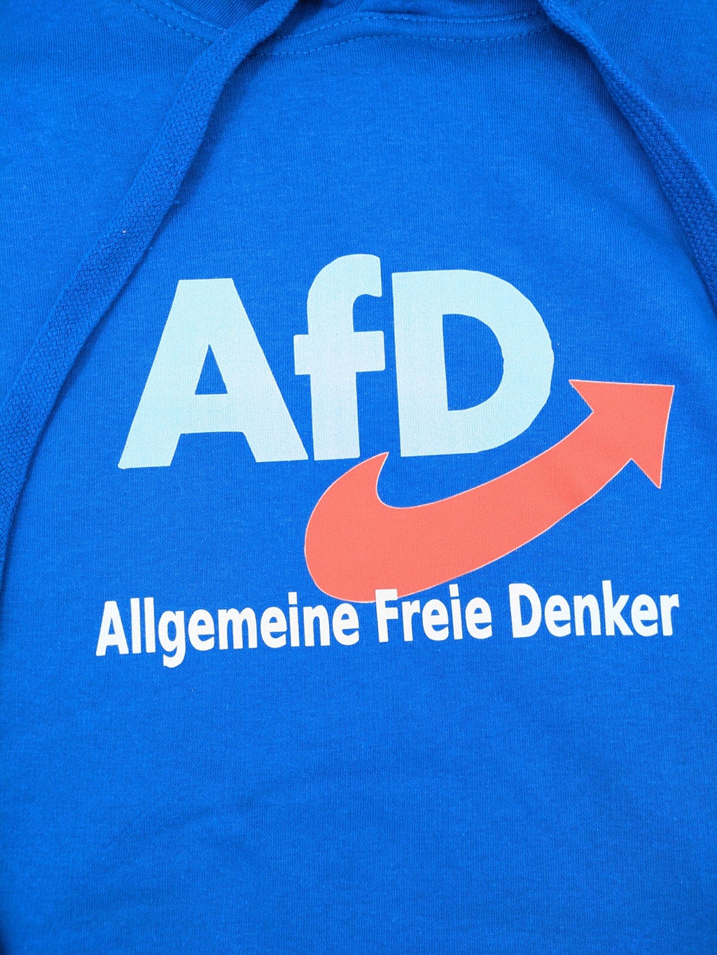 AFD blue pullover hoodie "Allgemeine Freie Denker" graphic, soft cotton-polyester blend.