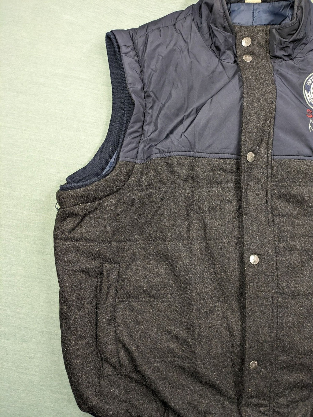 Men Plus grey and navy quilted vest with full zip and snap button placket.