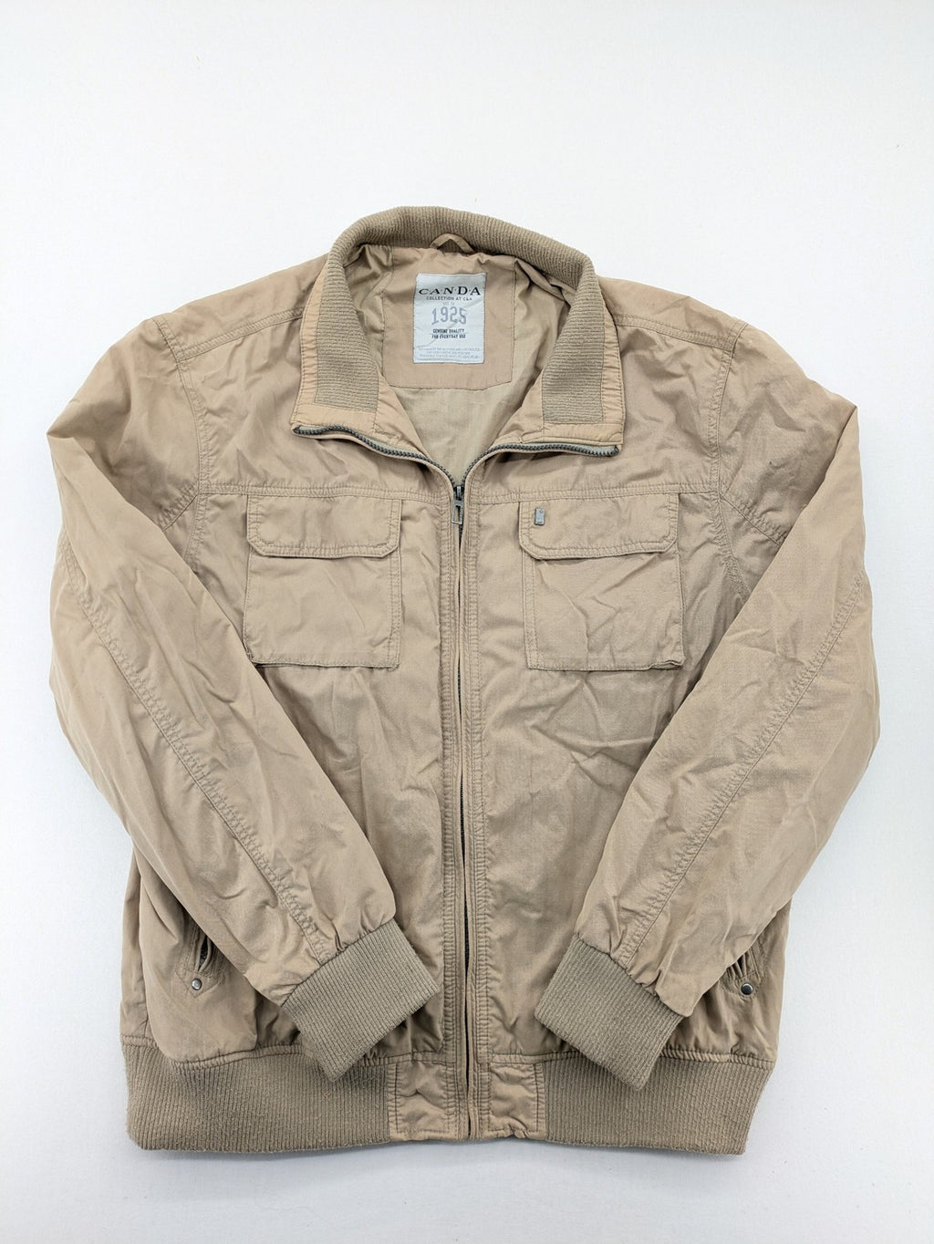 Canda beige bomber jacket full zip with ribbed collar and buttoned chest pockets.