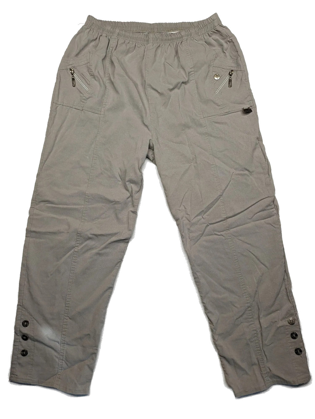 Cherry Berry khaki capri pants with elastic waistband and decorative buttons, featuring logo and zip pockets.