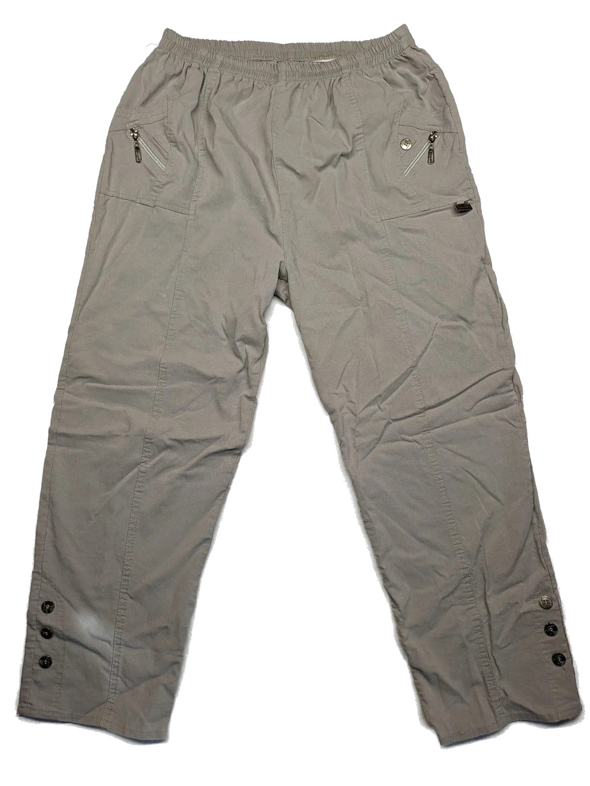 Cherry Berry khaki capri pants with elastic waistband and decorative buttons, featuring logo and zip pockets.