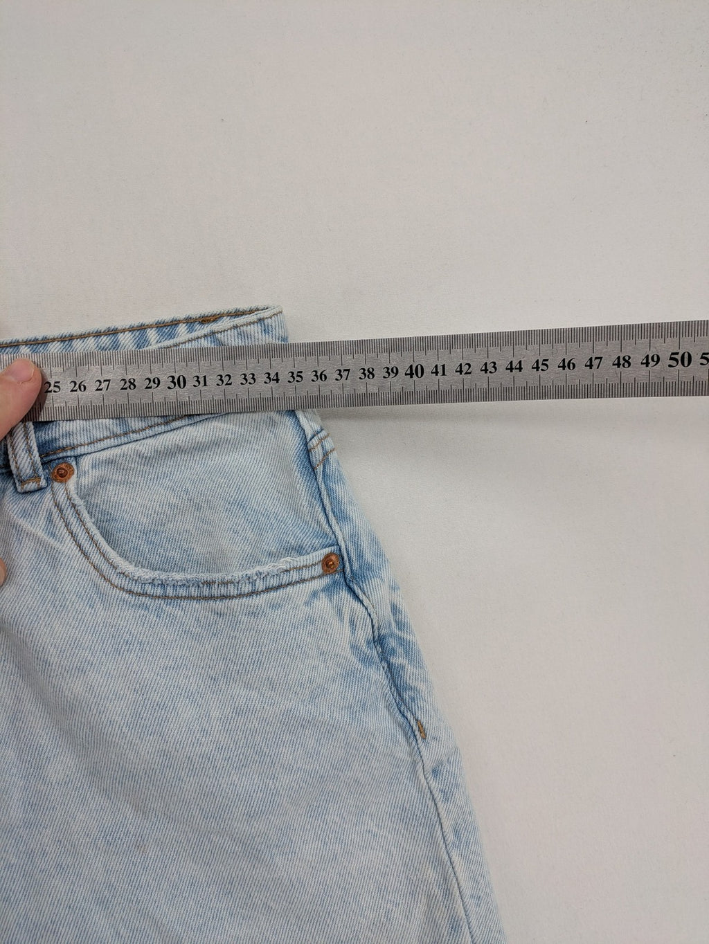 FB Sister blue mom jeans high waist distressed denim with knee rips and classic fit.