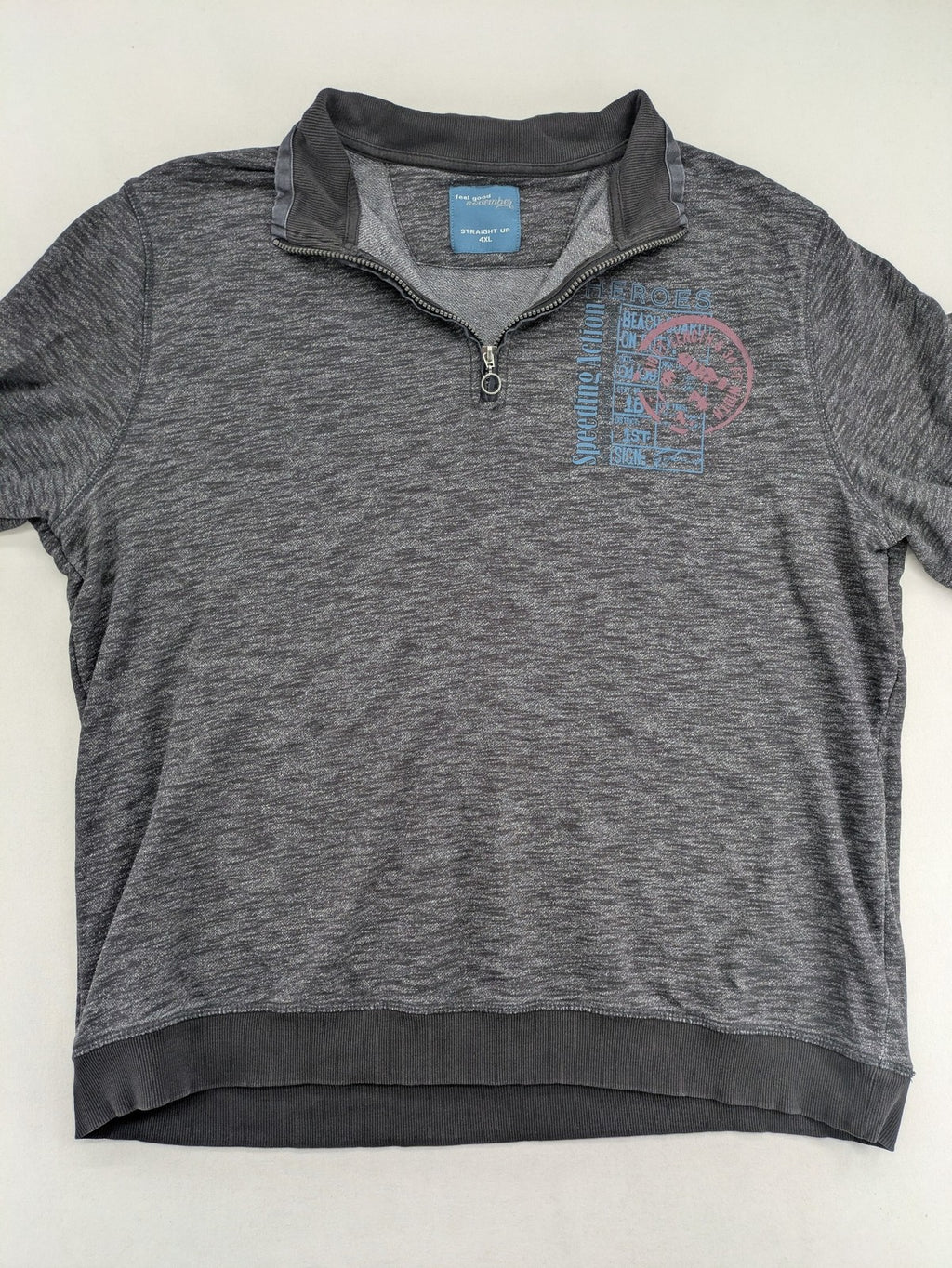 Straight Up grey turtle neck jumper with zip collar and subtle graphic print.