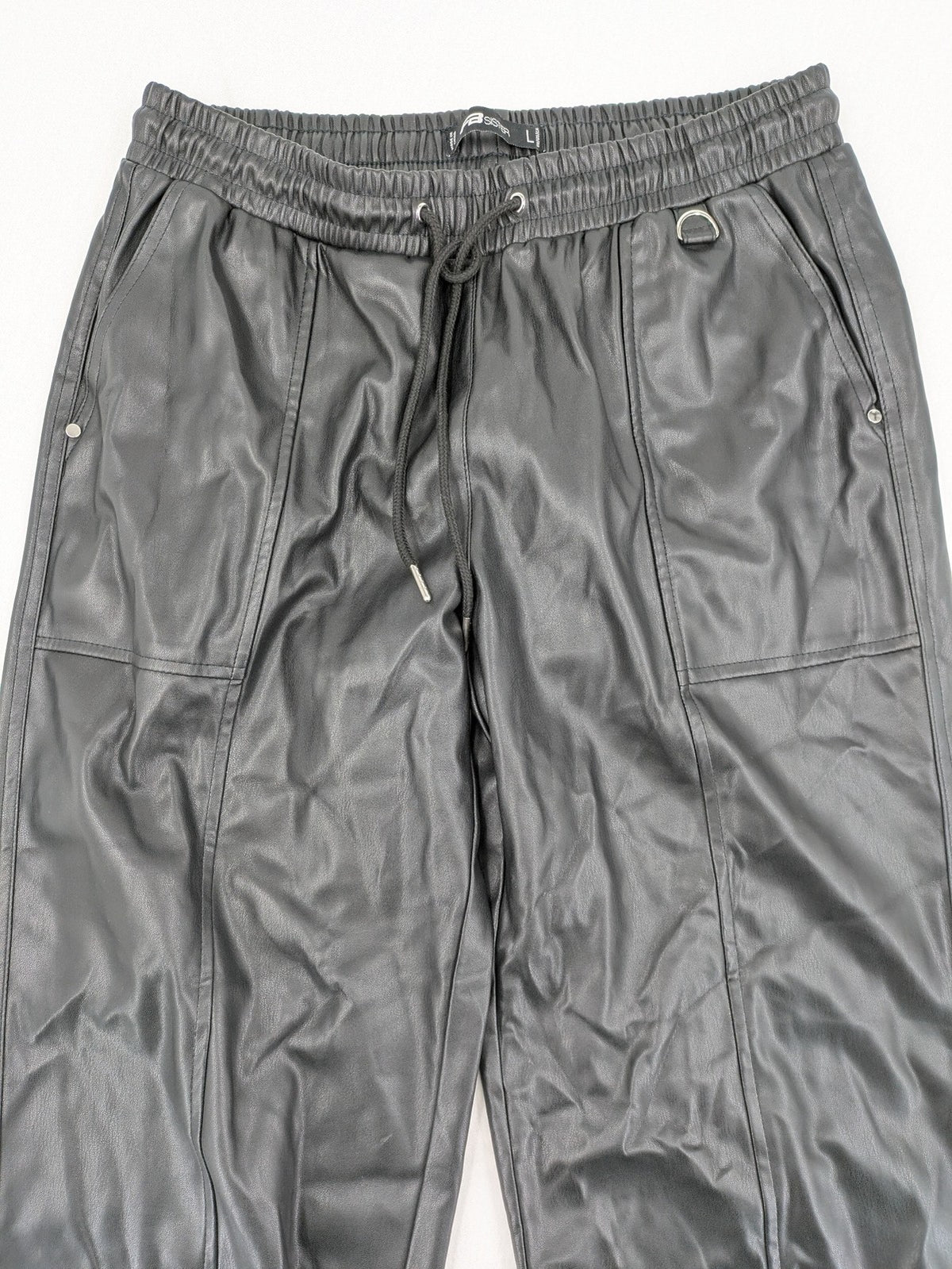 FB Sister grey jogger pants high waist with elastic waistband and drawstring, faux leather material.