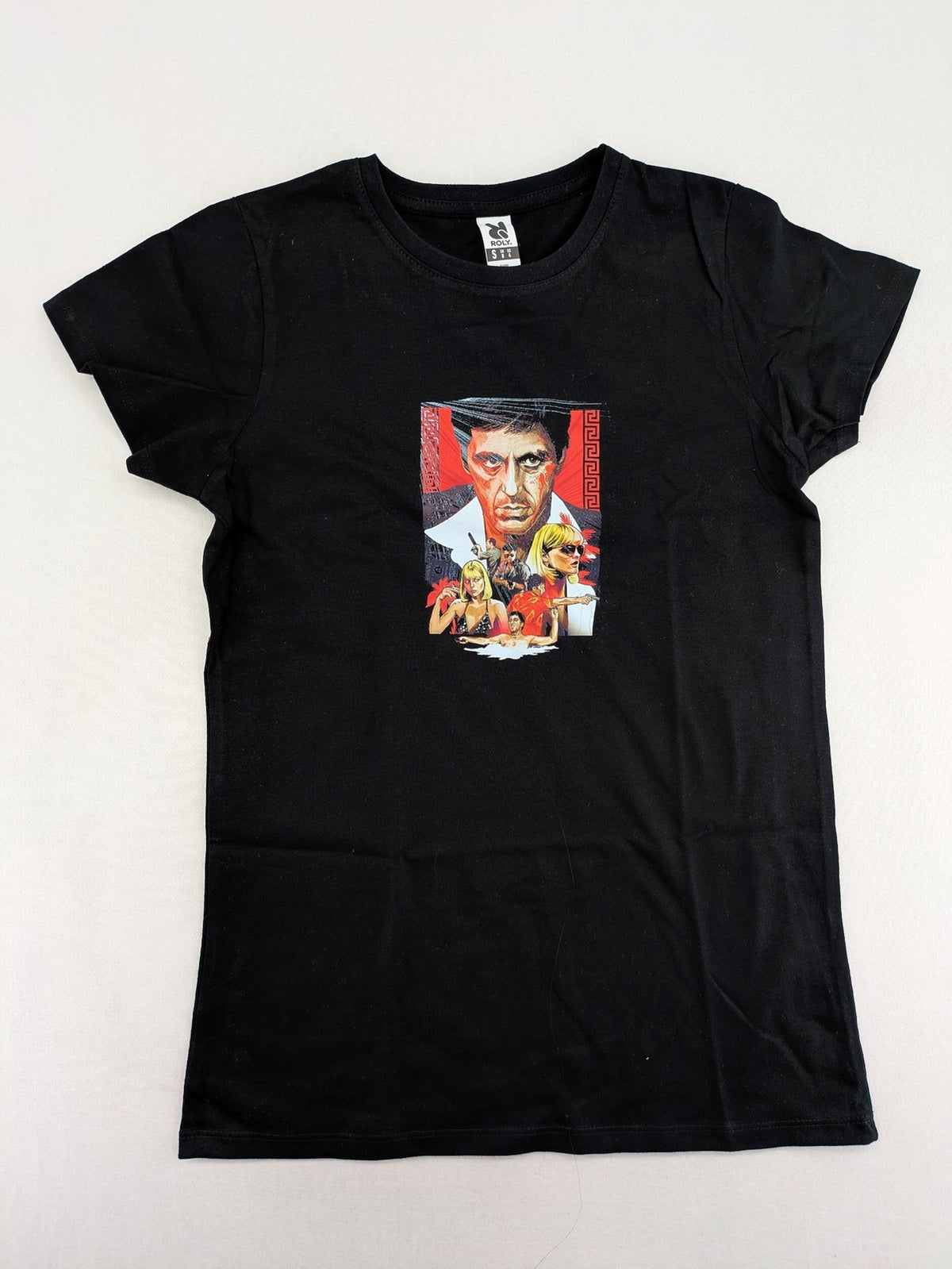 Scarface cream t-shirt featuring vibrant Tony Montana graphic print, made of 100% cotton.