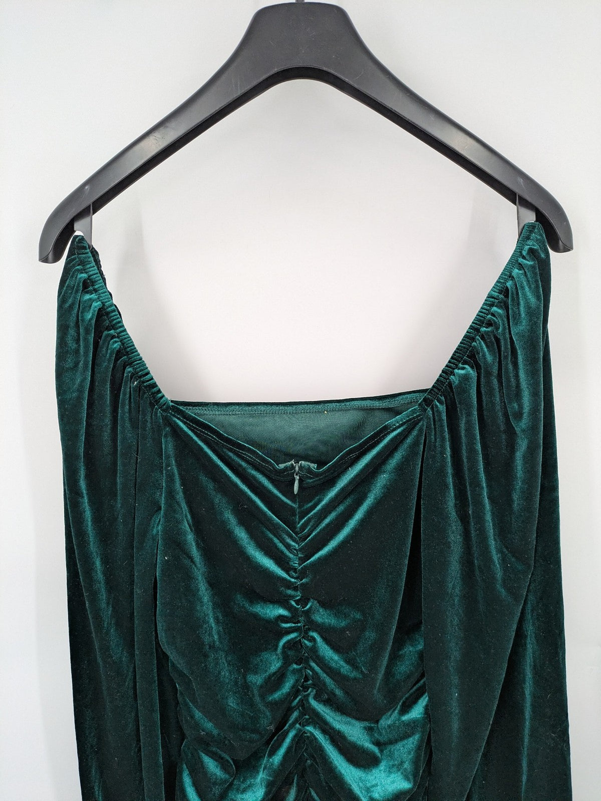SHEIN green bodycon dress with ruched details, square neckline, and long puff sleeves.