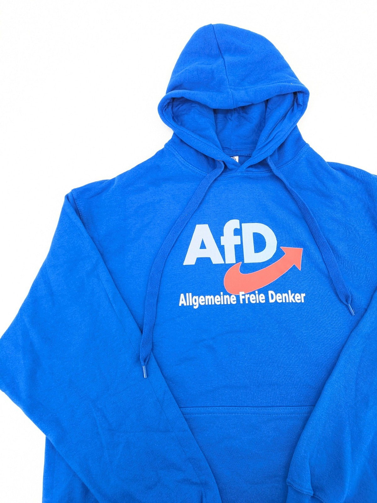 AFD blue pullover hoodie "Allgemeine Freie Denker" graphic, soft cotton-polyester blend.