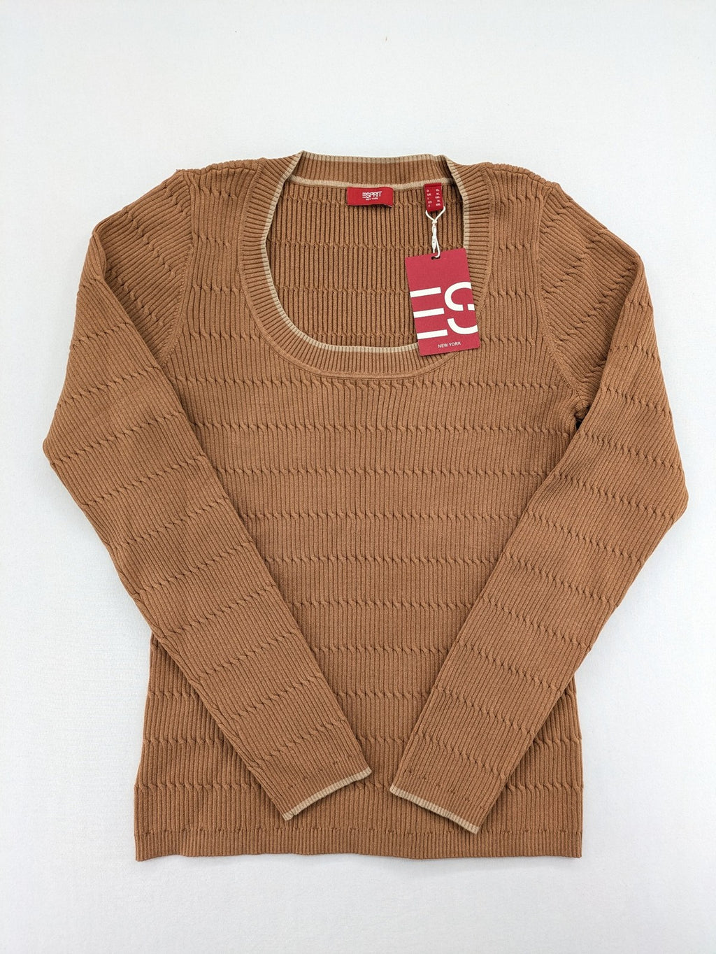 Esprit brown turtle neck jumper with ribbed texture and wide U-neckline.