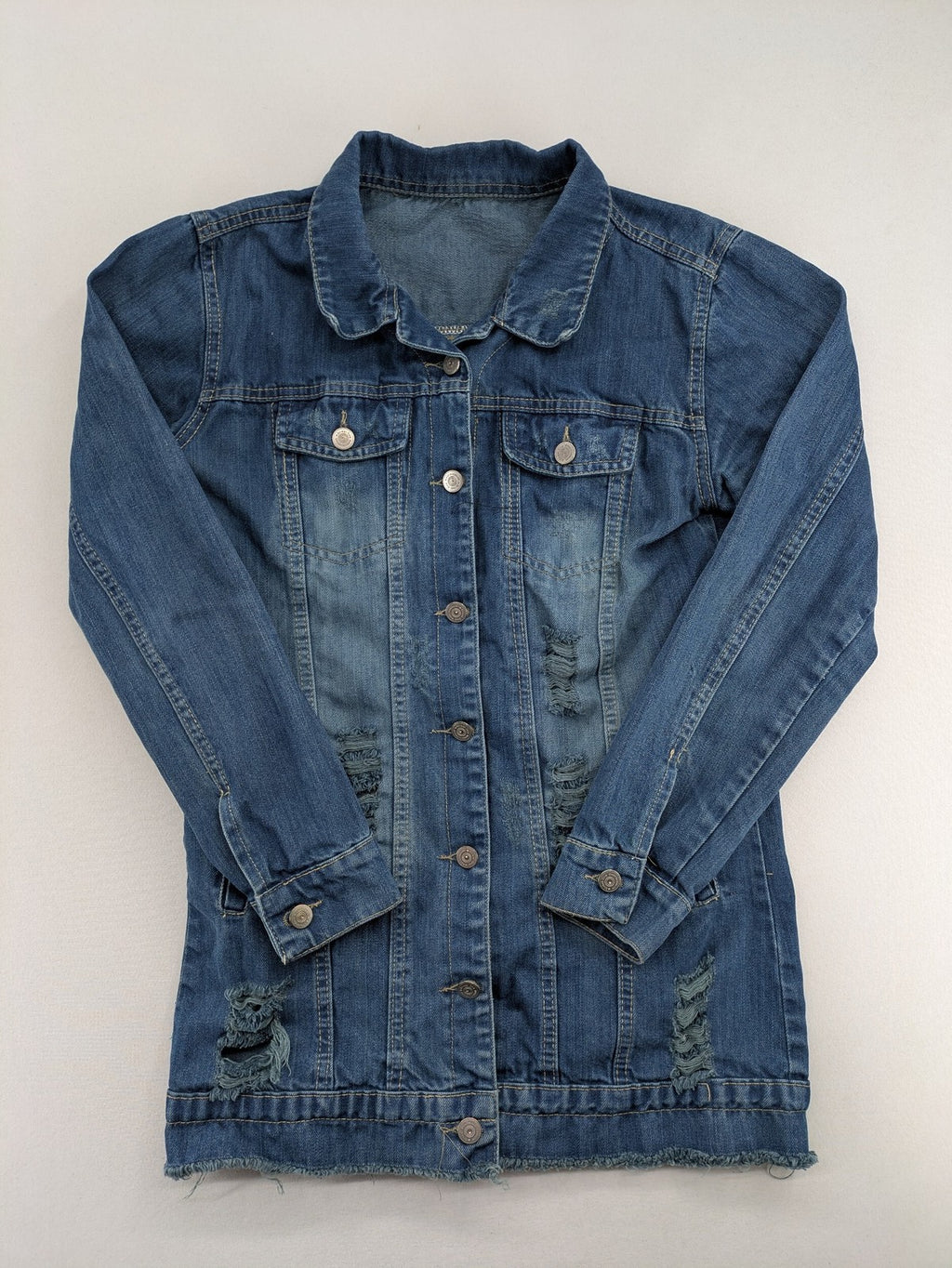 perfekt blue denim jacket distressed look frayed hem button closure and pockets