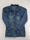 perfekt blue denim jacket distressed look frayed hem button closure and pockets