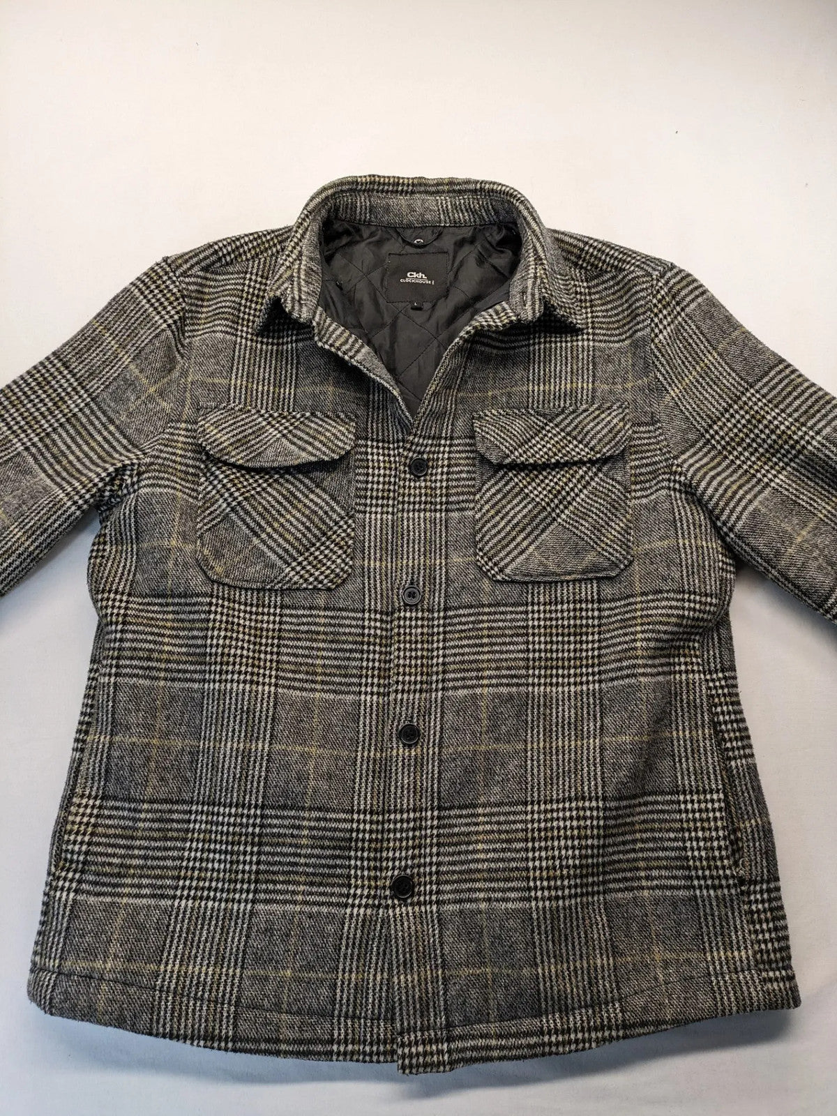 Clockhouse grey check shacket jacket with quilted lining and logo detail.