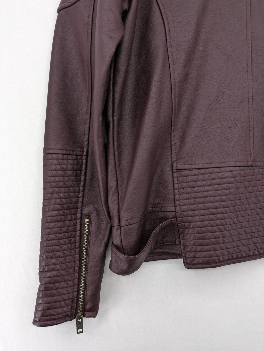 Leif Nelson burgundy biker jacket faux leather with quilted shoulder and sleeve details.