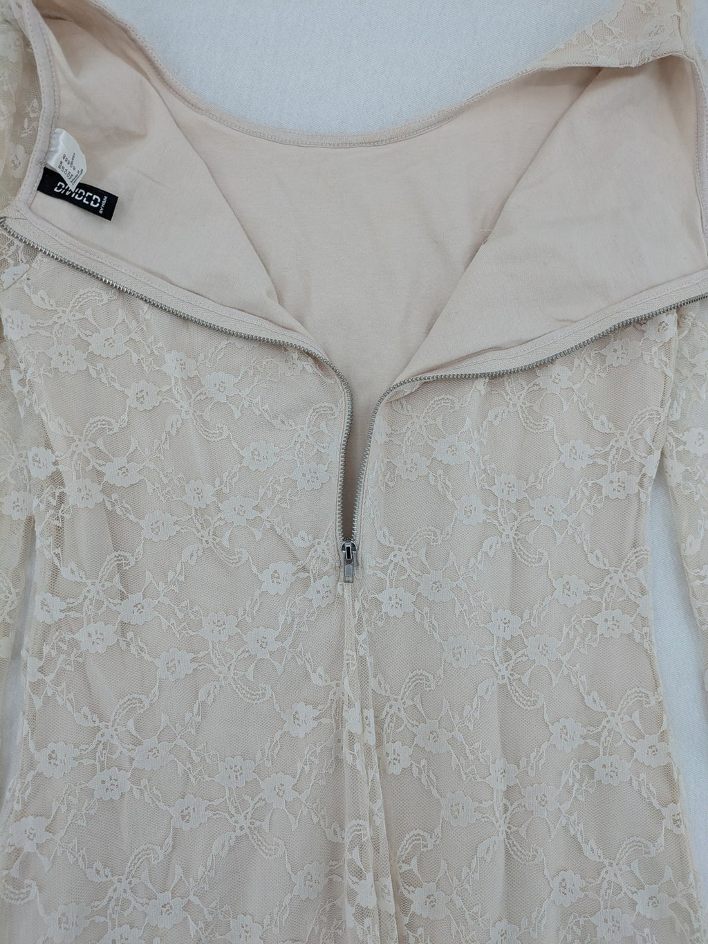 Divided H&M beige bodycon dress floral lace overlay 3/4 sleeves back zipper