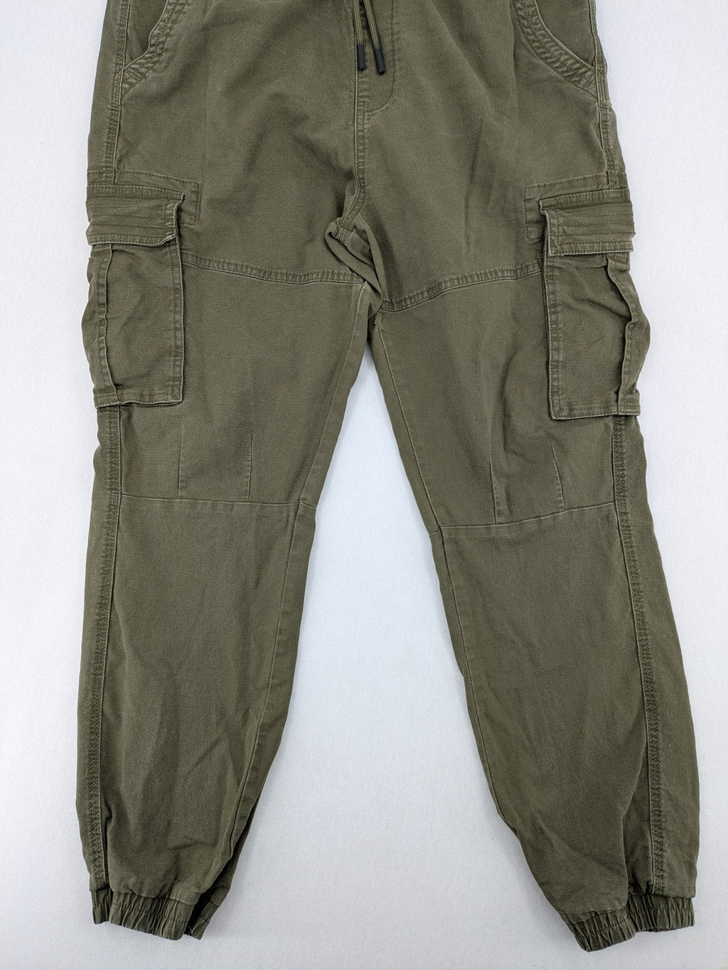 Denim & Co. khaki cargo jogger pants with elastic waistband and multiple pockets.