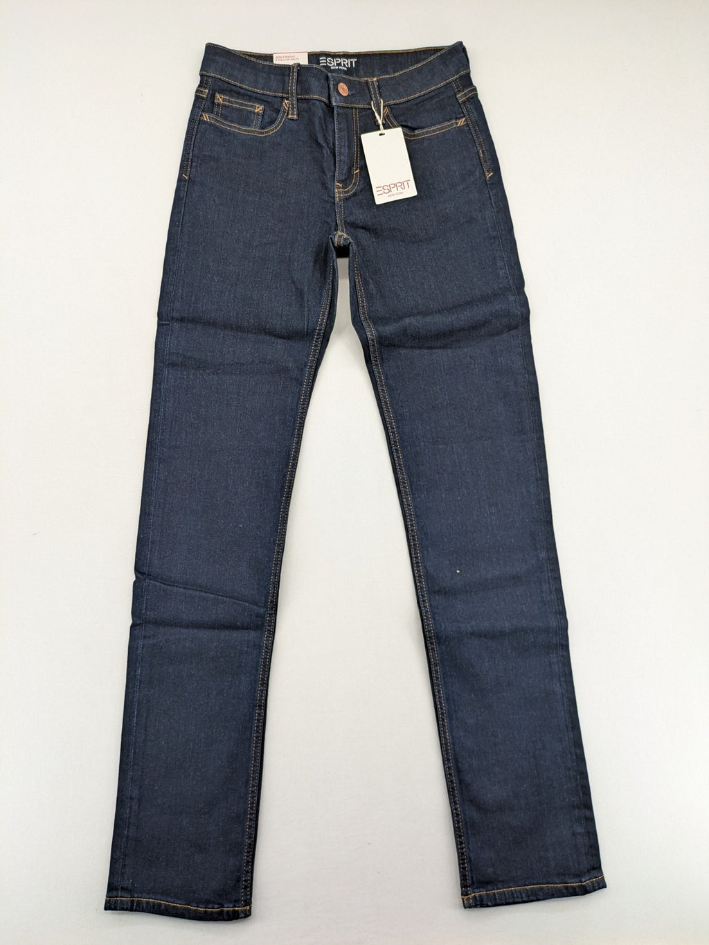 Esprit blue straight leg jeans mid rise with classic 5-pocket design and contrast stitching.