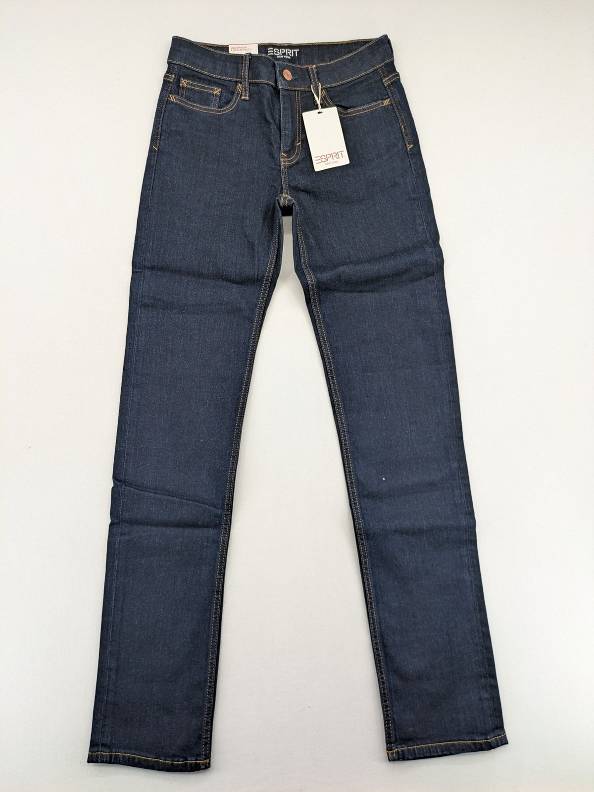 Esprit blue straight leg jeans mid rise with classic 5-pocket design and contrast stitching.