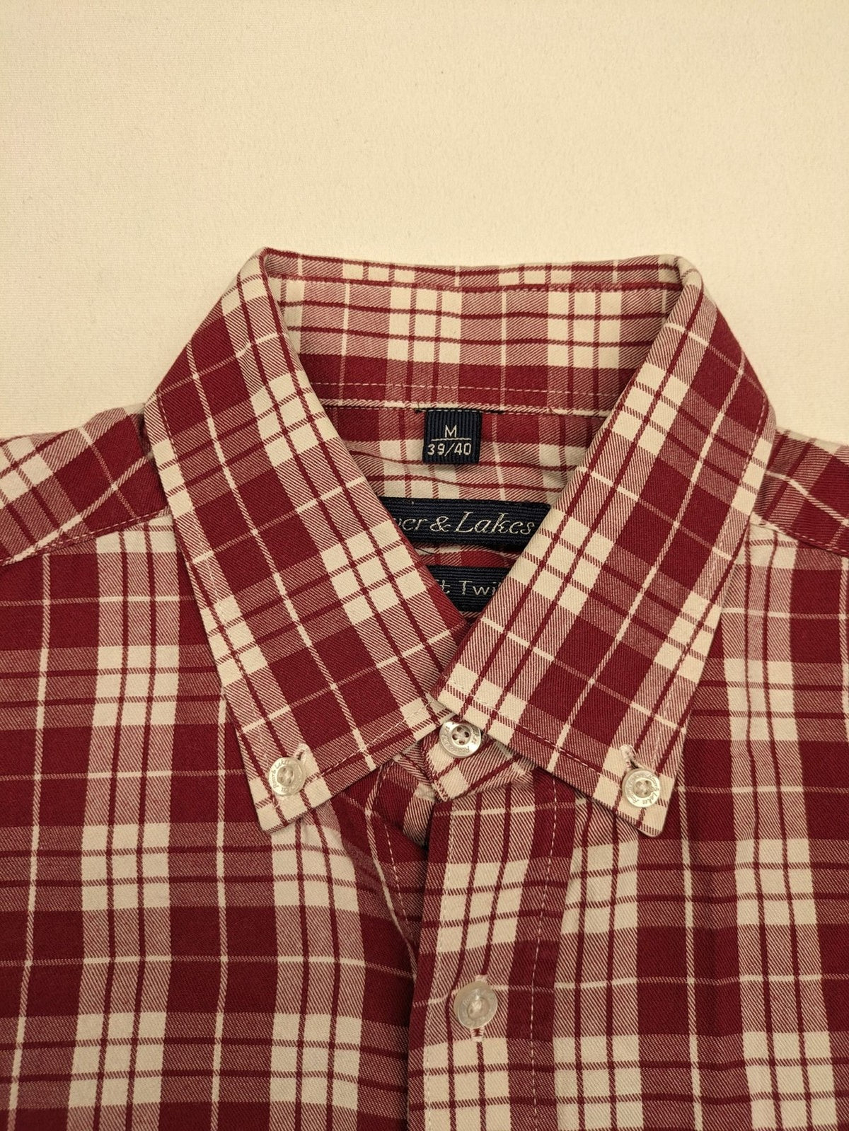 Rover & Lakes red checkered long sleeve shirt, button-down collar, 100% cotton twill.