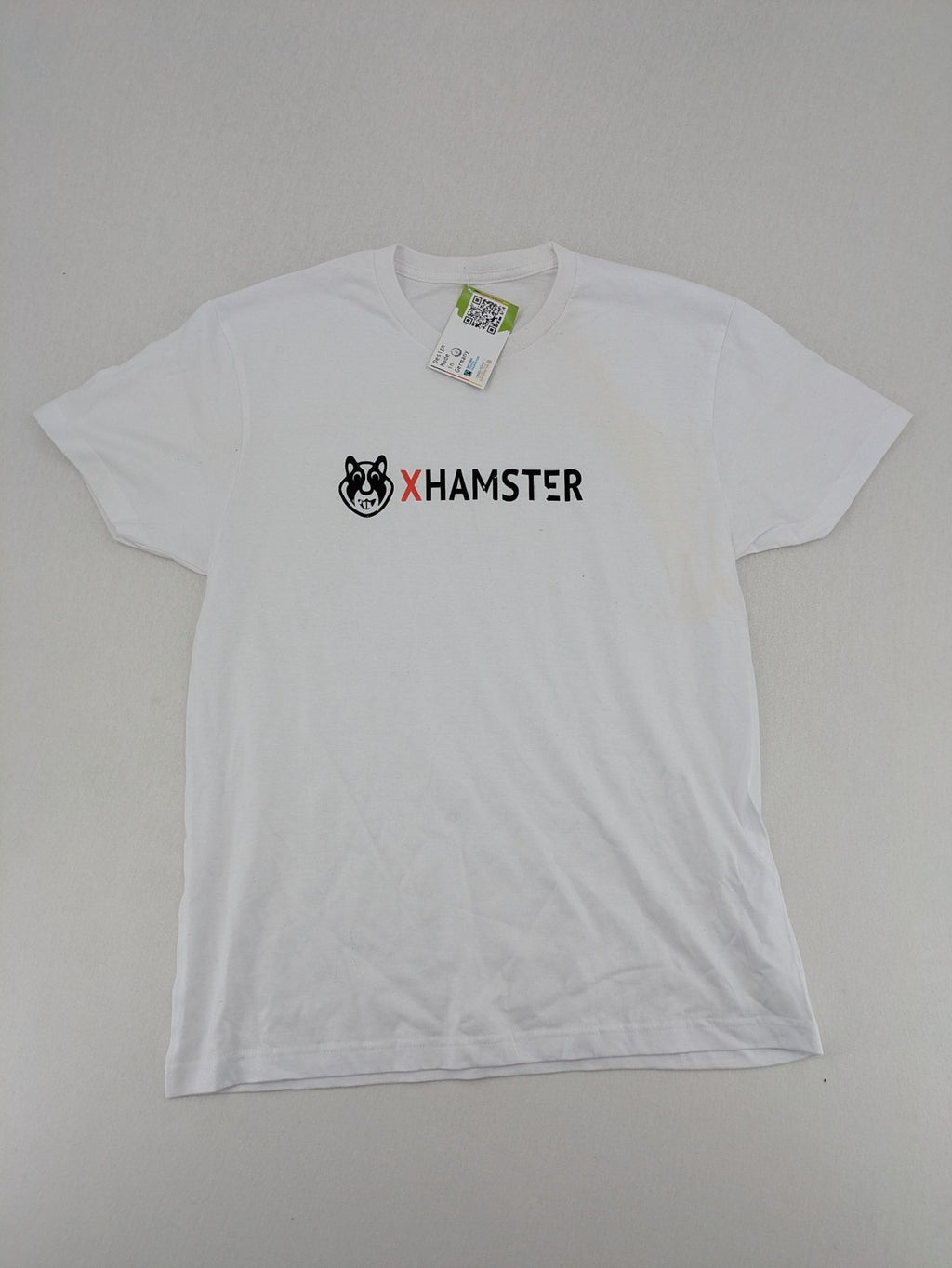 Xhamster white graphic t-shirt printed logo on chest, short sleeves, round neck.
