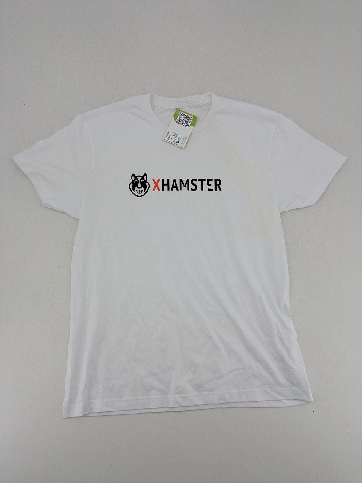 Xhamster white graphic t-shirt printed logo on chest, short sleeves, round neck.