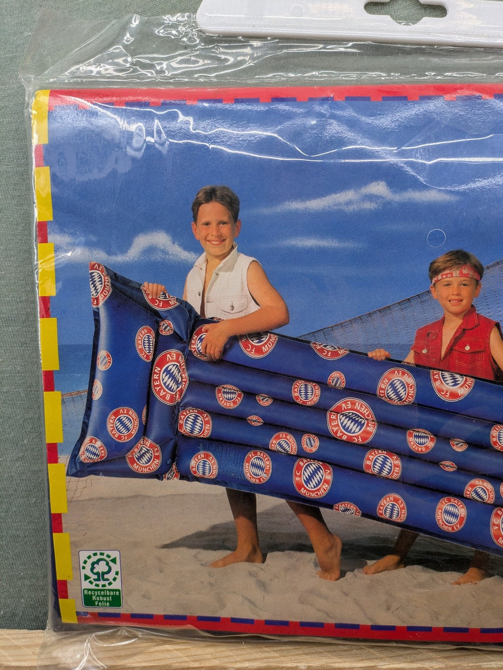 FC Bayern München blue, red, white air mattress with classic logo and vintage design.