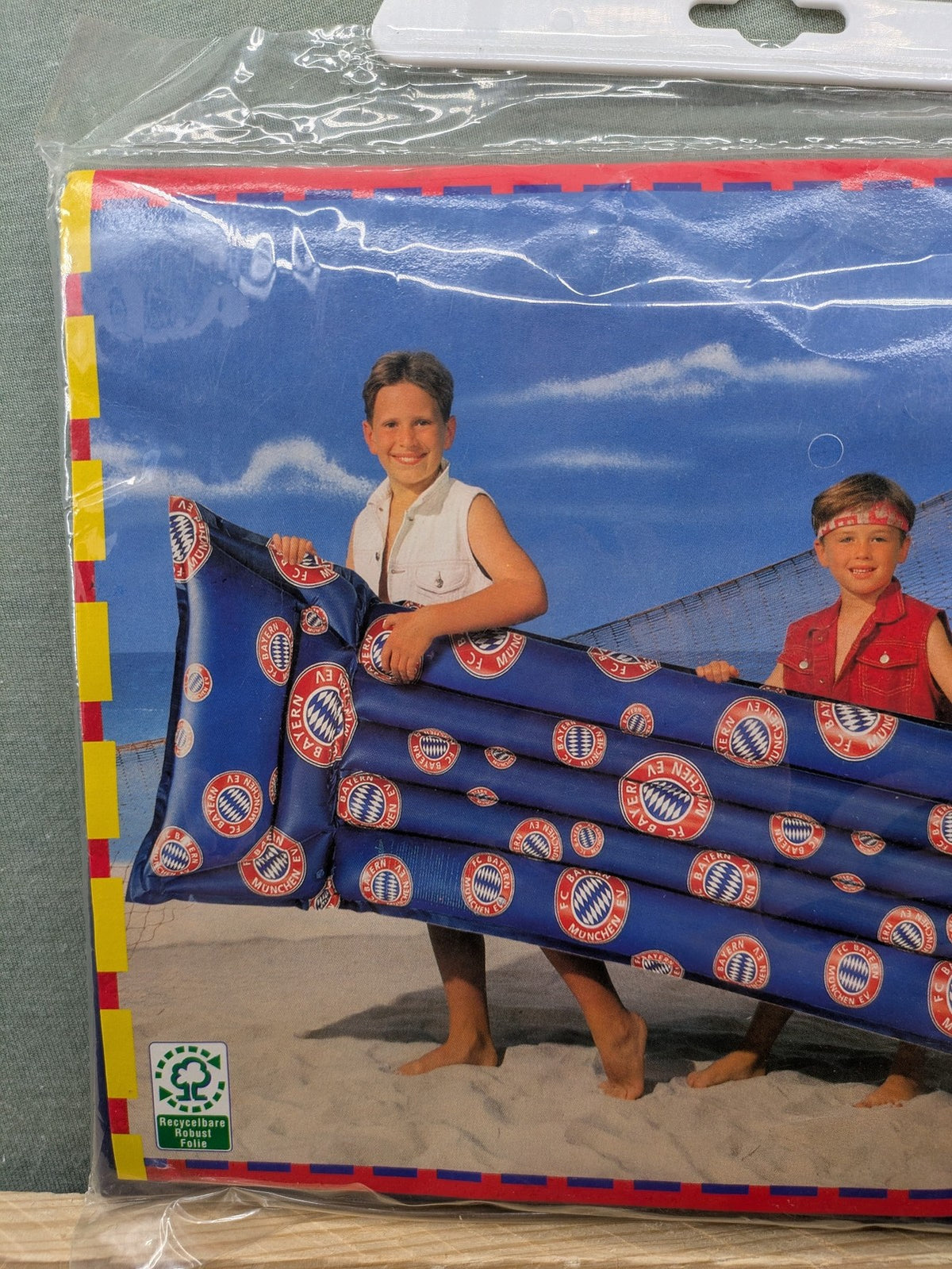FC Bayern München blue, red, white air mattress with classic logo and vintage design.