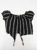 Hailys black and white striped crop top with front tie and off-shoulder design.