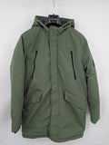 Bad Choices green parka coat with reflective details and logo patch on sleeve.