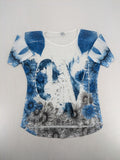 Liberty blue floral print top with metallic "LOVE" lettering, lightweight polyester material.